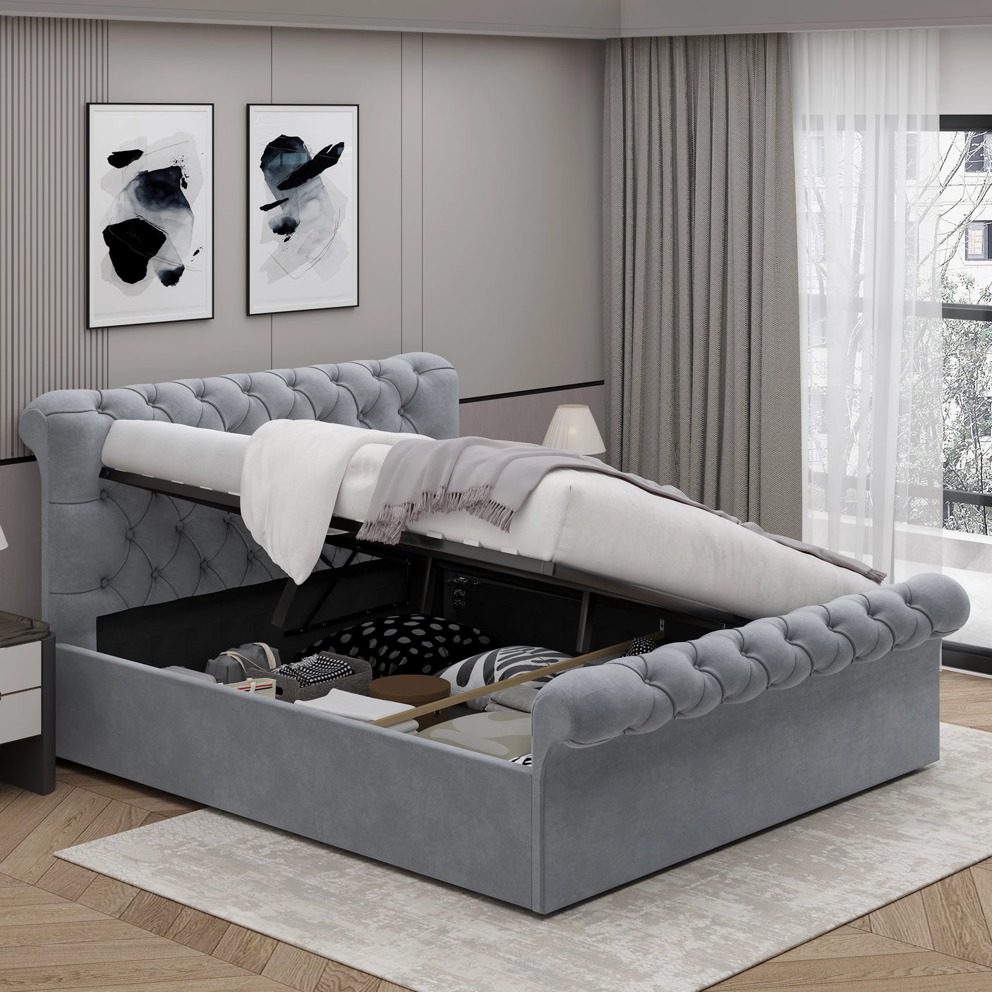 Light grey small double ottoman bed with side lift open, revealing ample hidden storage space beneath the mattress.
