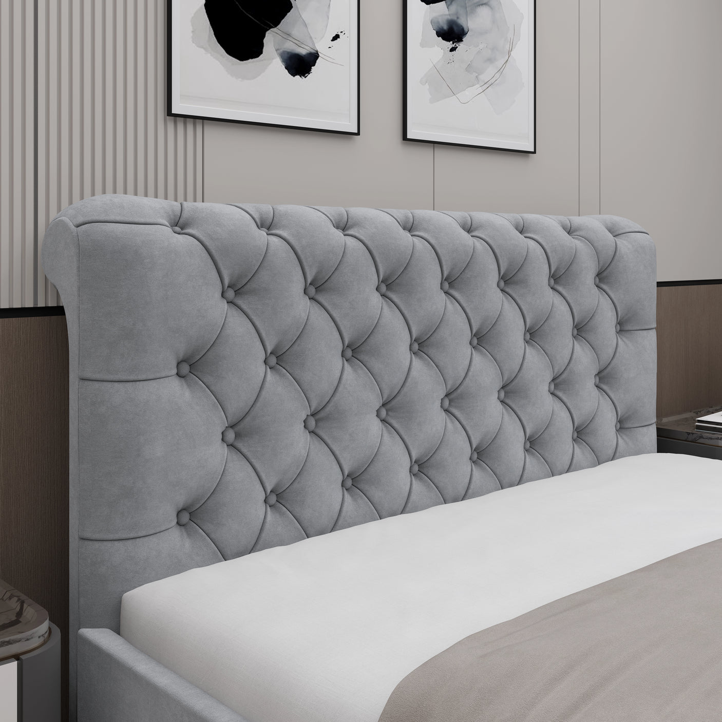 Close-up of light grey Chesterfield headboard with deep button tufting, part of the small double ottoman bed collection.