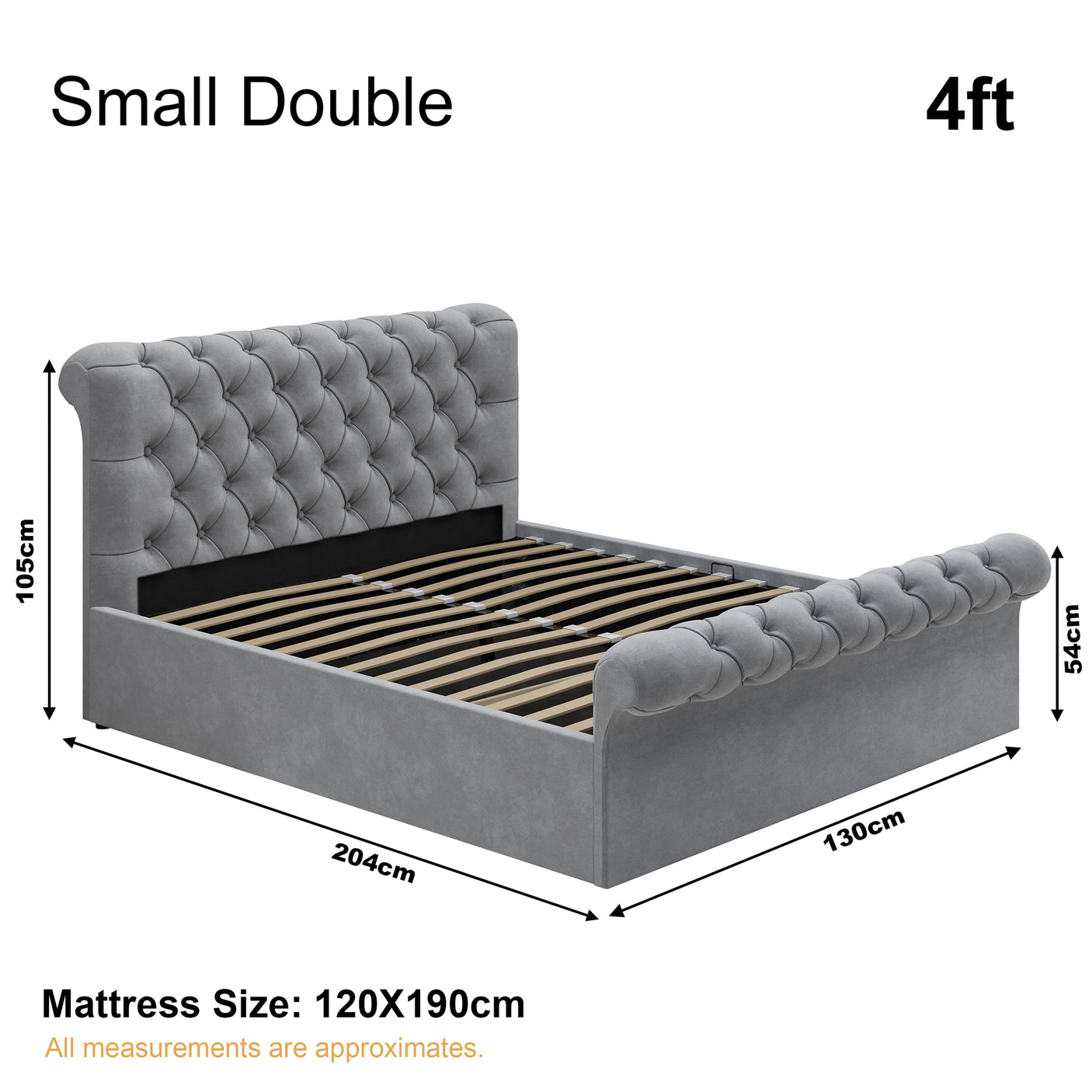 Small double light grey ottoman bed frame dimensions: 204cm x 130cm, mattress size 120x190cm, side lift storage feature.