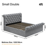Small double light grey ottoman bed frame dimensions: 204cm x 130cm, mattress size 120x190cm, side lift storage feature.