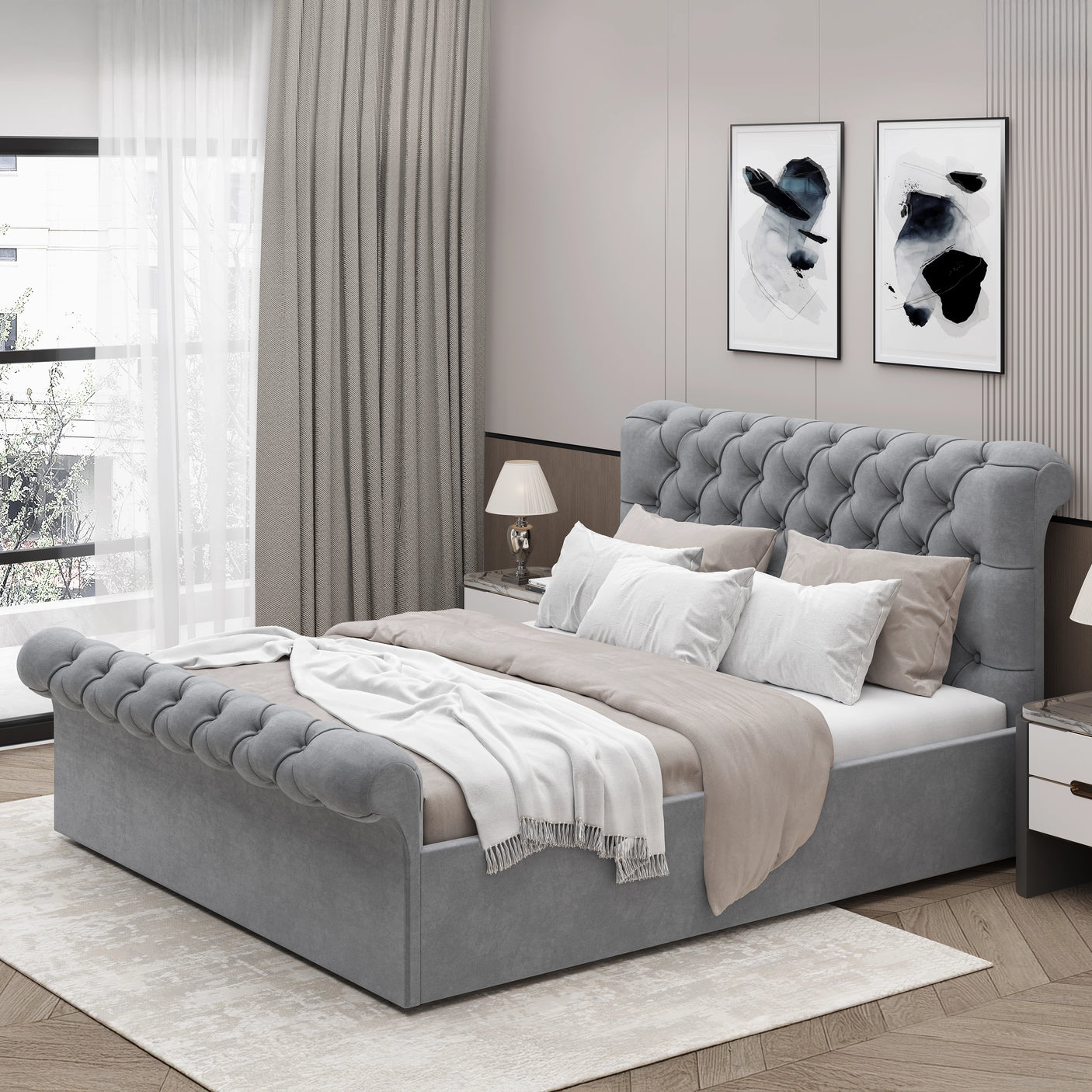 Light grey small double Chesterfield bed with tufted headboard and footboard, elegant and space-saving bedroom solution.