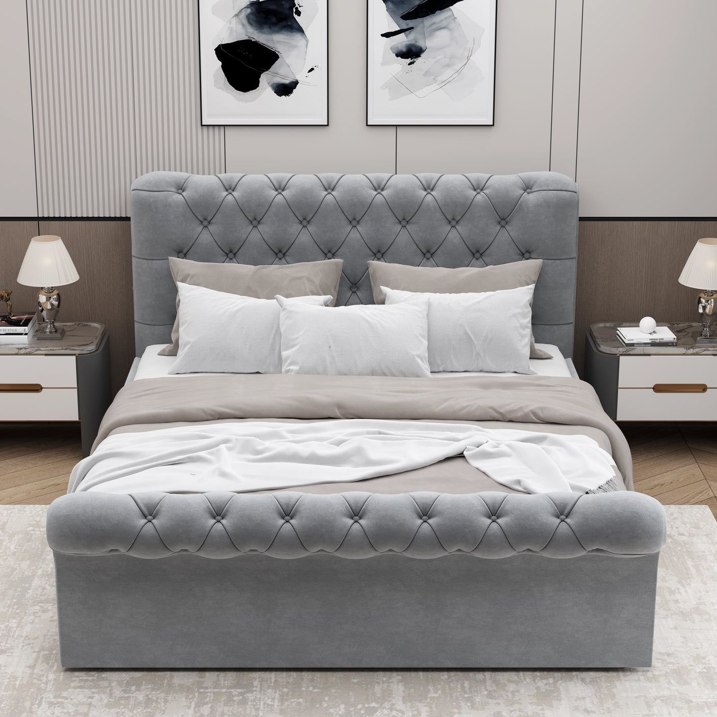 Front-facing view of light grey small double ottoman bed with plush tufted design and side lift storage functionality.
