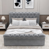 Front-facing view of light grey small double ottoman bed with plush tufted design and side lift storage functionality.