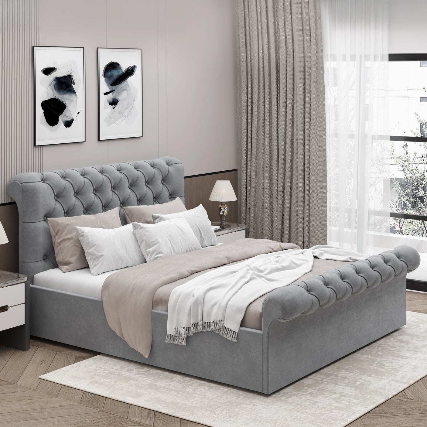 Light grey Chesterfield Ottoman Storage Bed in small double size, side lift bed frame with tufted headboard and footboard.