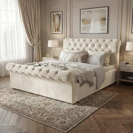 [Double | Beige] Chesterfield ottoman bed bedroom angle with scroll tufted headboard and side-lift base