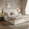 [Double | Beige] Chesterfield ottoman bed with scroll tufted headboard and matching footboard on herringbone floor