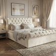 [Double | Beige] Chesterfield ottoman bed with scroll tufted headboard and matching footboard on herringbone floor