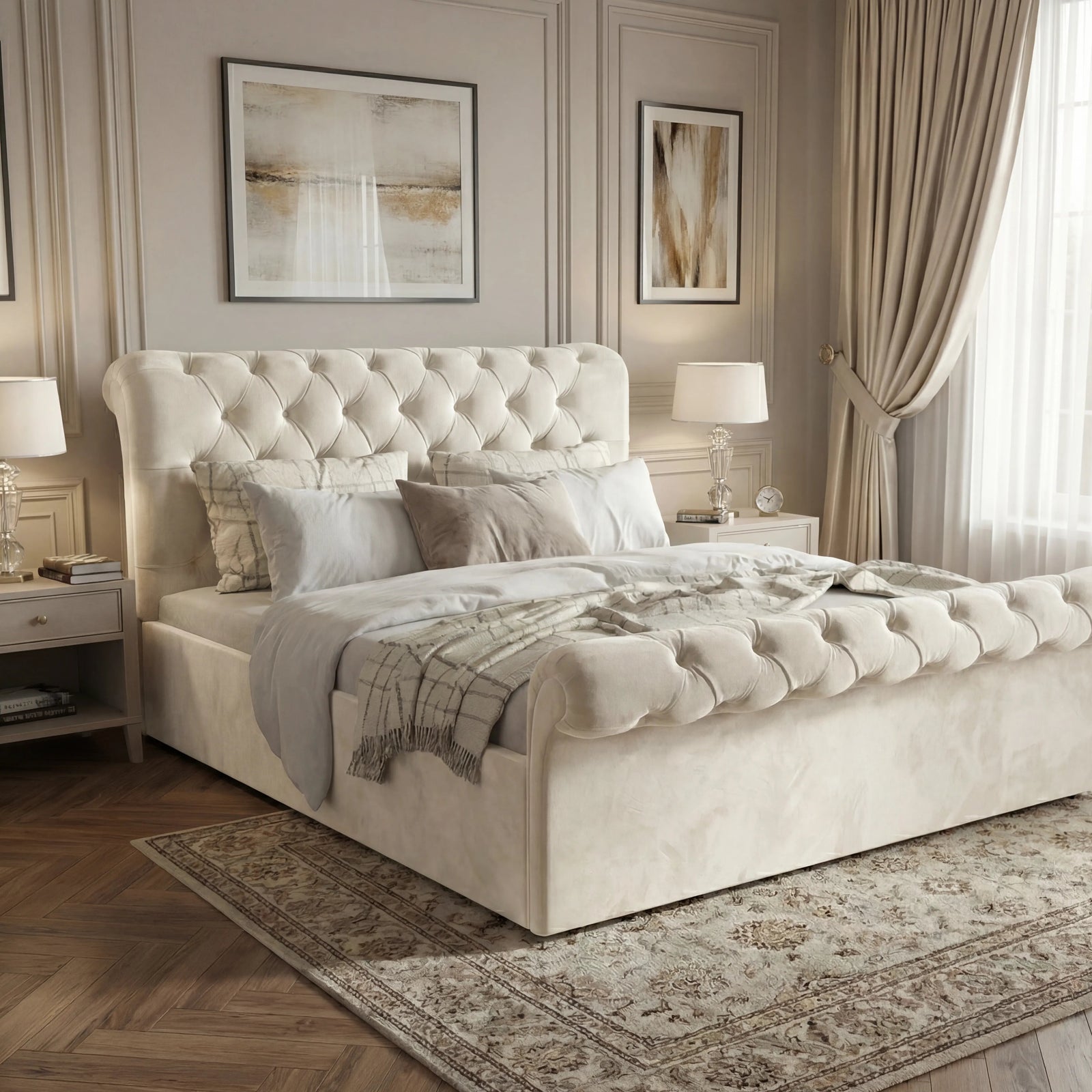 [Double | Beige] Chesterfield ottoman bed with scroll tufted headboard and matching footboard on herringbone floor