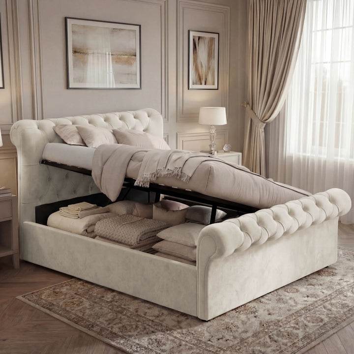 [Double | Beige] Chesterfield ottoman bed with side-lift base raised on gas struts revealing under-bed storage