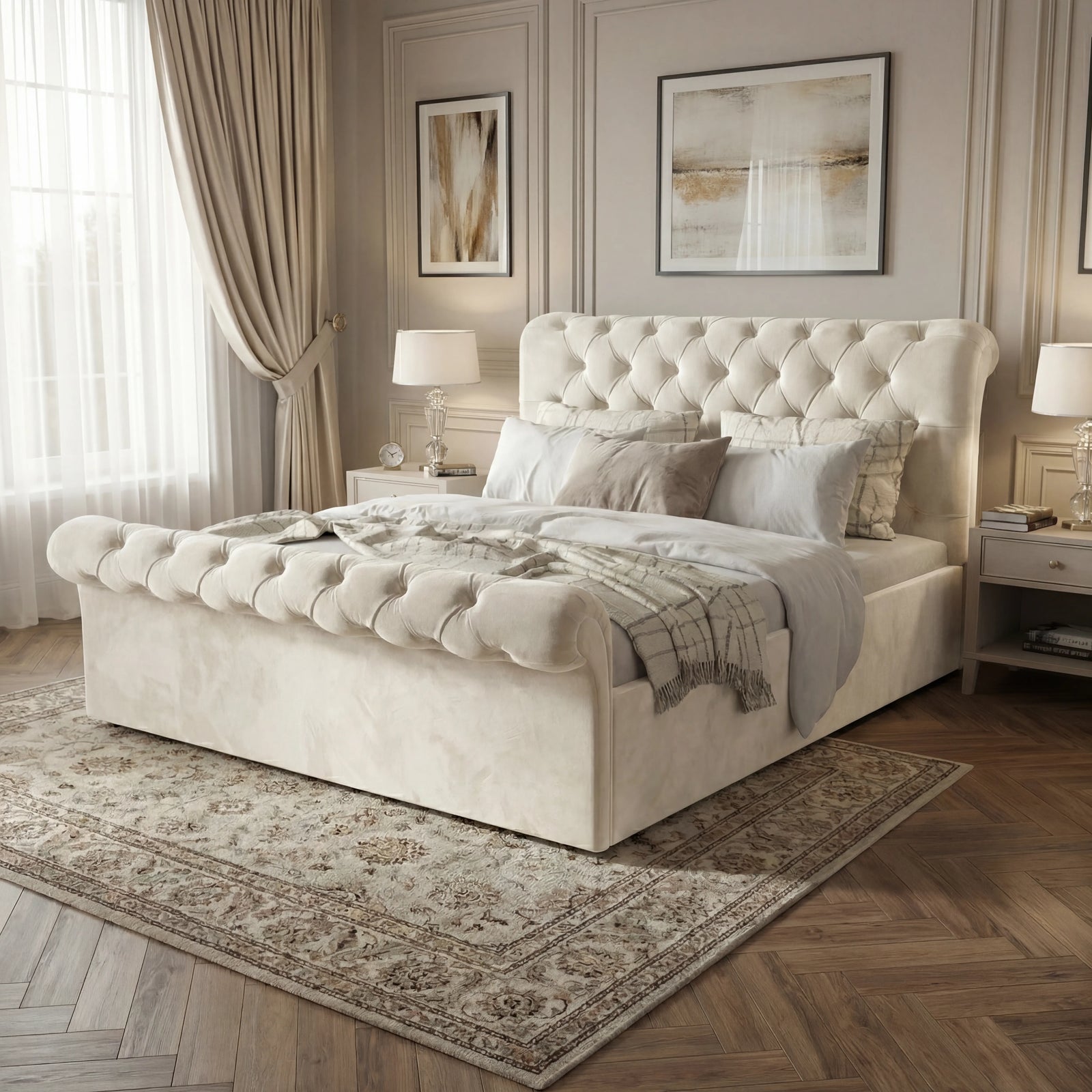 [King | Beige] Angled lifestyle of beige Chesterfield ottoman bed, scroll headboard and diamond tufting at king size