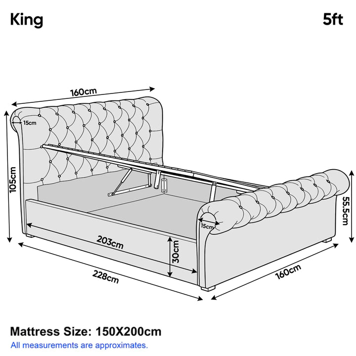 [King | Beige] Dimension diagram, Chesterfield ottoman bed king 160cm wide 228cm long 105cm headboard 30cm storage