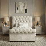 [Single | Beige] Chesterfield ottoman bed front view, tall tufted scroll headboard and matching scroll footboard
