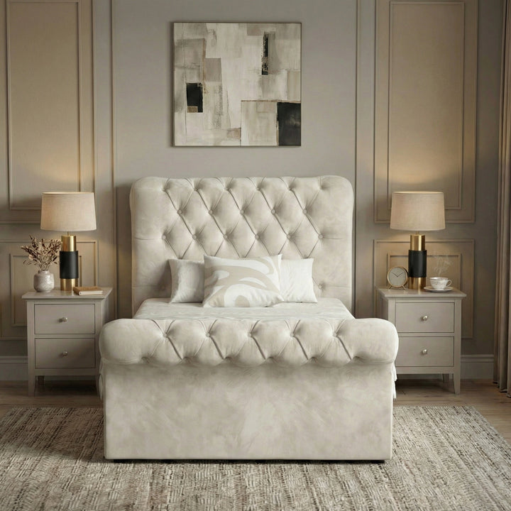 [Single | Beige] Chesterfield ottoman bed front view, tall tufted scroll headboard and matching scroll footboard