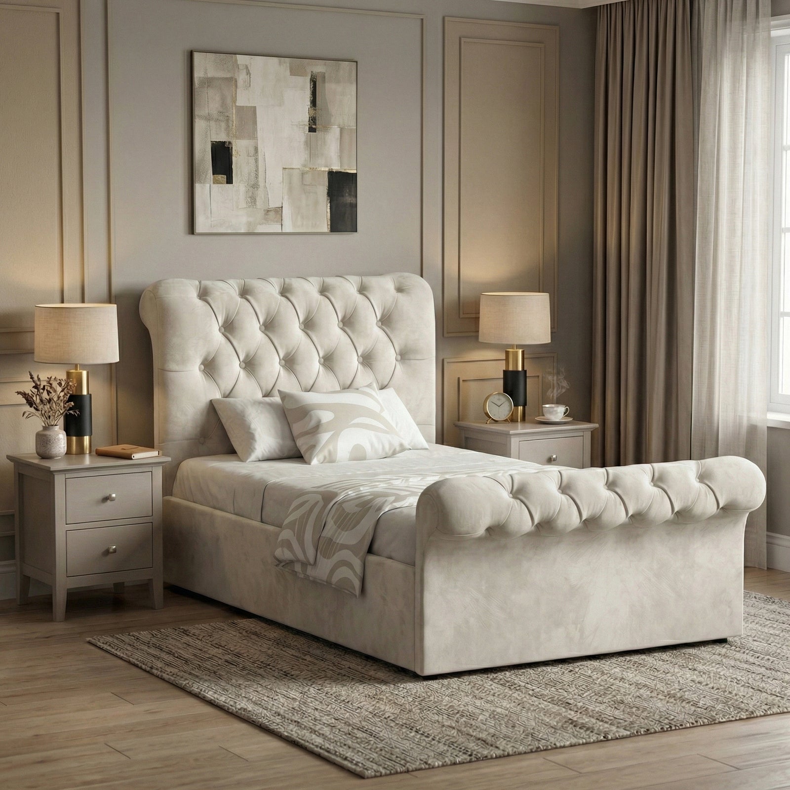 [Single | Beige] Chesterfield ottoman bed side angle, scroll headboard and footboard in velvet with diamond tufting