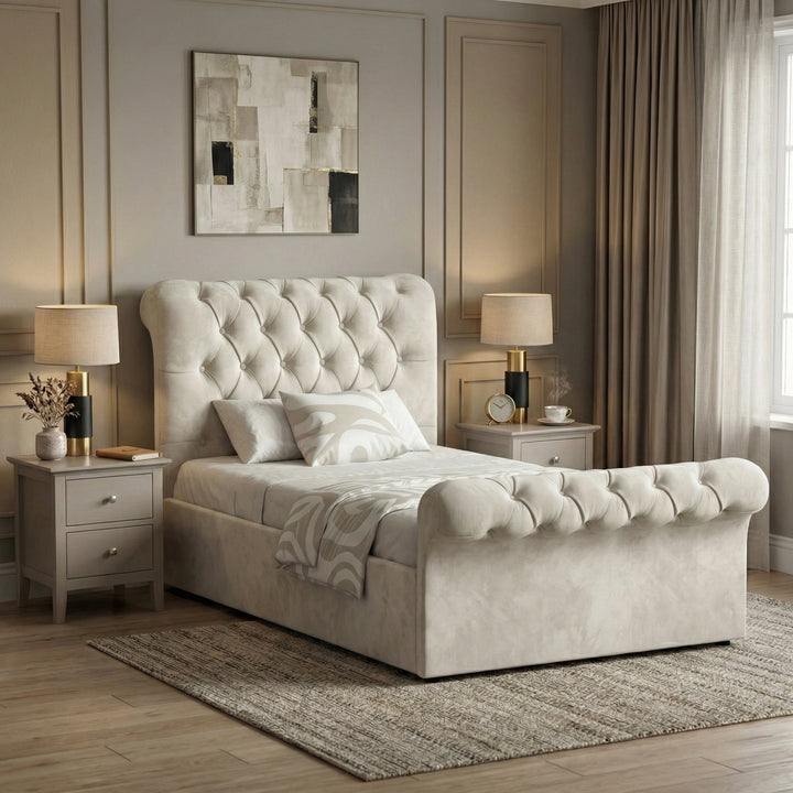 [Single | Beige] Chesterfield ottoman bed side angle, scroll headboard and footboard in velvet with diamond tufting