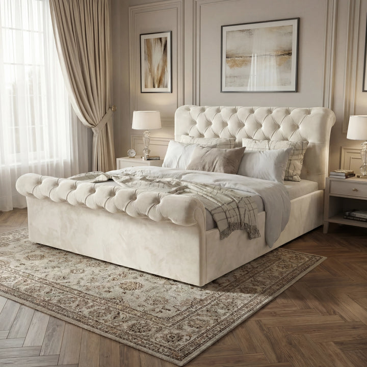 [Small Double | Beige] Angled Chesterfield ottoman bed shown with rug and curtains in setting