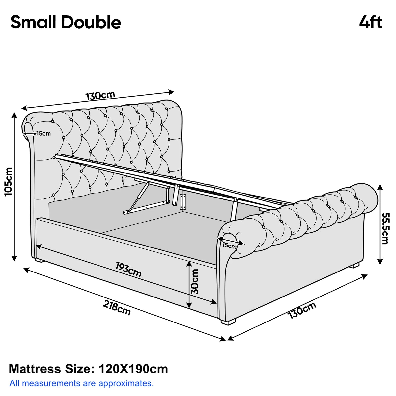 [Small Double | Beige] Chesterfield ottoman bed dimensions 130cm wide 218cm long 105cm tall