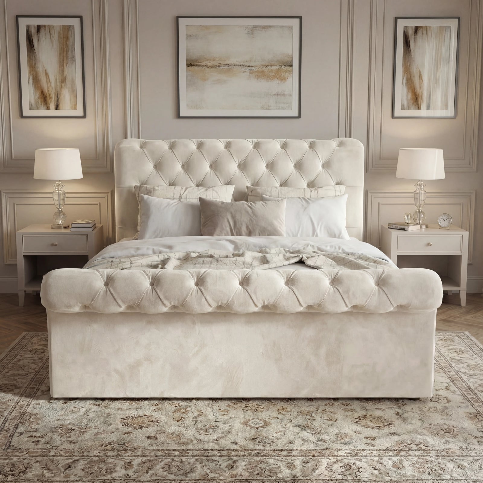 [Small Double | Beige] Front view of Chesterfield ottoman bed with tufted footboard and scroll top