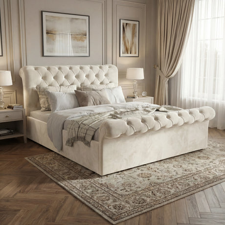 [Small Double | Beige] Chesterfield ottoman bed side view with scroll headboard and footboard in velvet