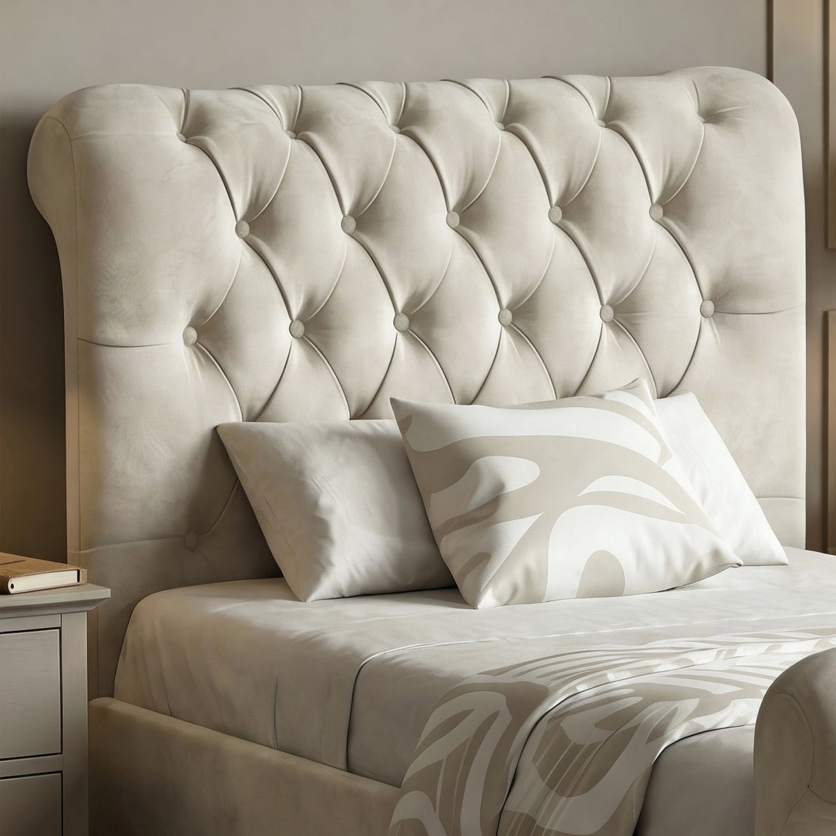 [Single | Beige] Headboard detail shot highlighting chesterfield button tufting pattern across soft upholstery