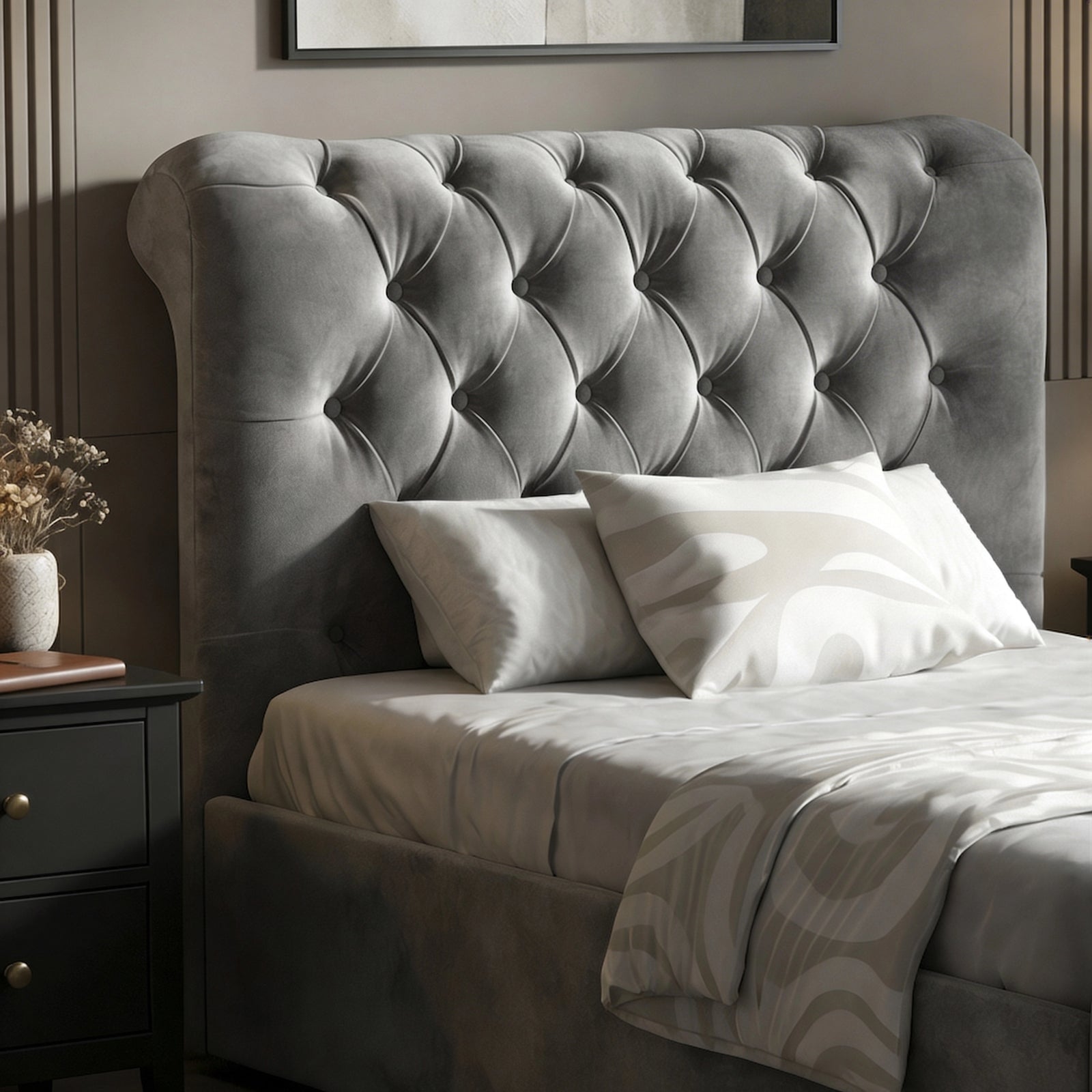 [Single | Dark Grey] Close-up diamond-tufted velvet headboard on Chesterfield ottoman bed showing deep button detail