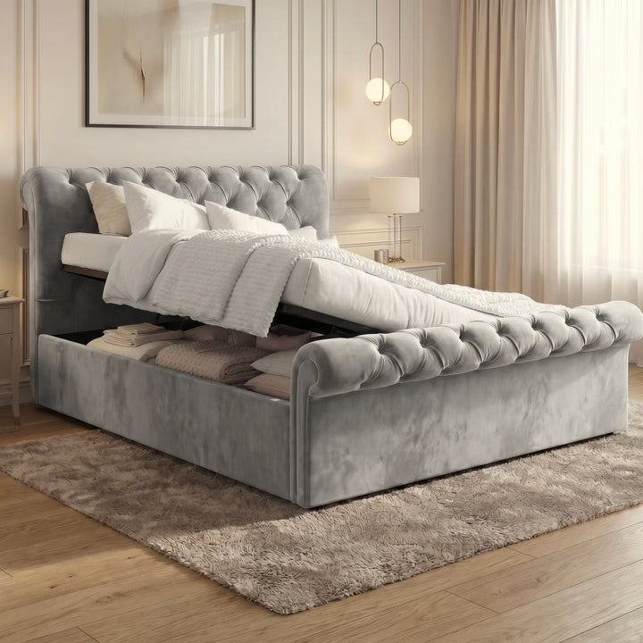 [Double | Grey] Double Chesterfield ottoman bed gas lift base open showing storage under the mattress
