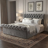 [Double | Dark Grey] Alternative angle of Chesterfield ottoman bed showing scroll headboard and tufted footboard