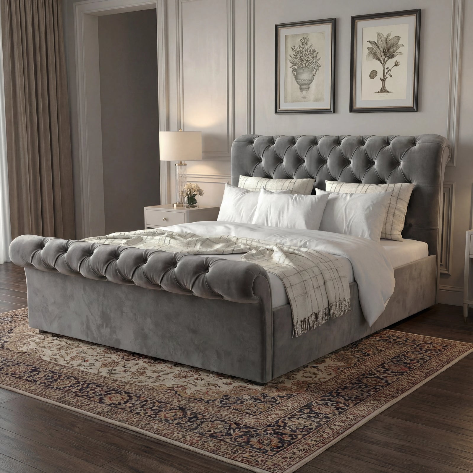 [Double | Dark Grey] Alternative angle of Chesterfield ottoman bed showing scroll headboard and tufted footboard