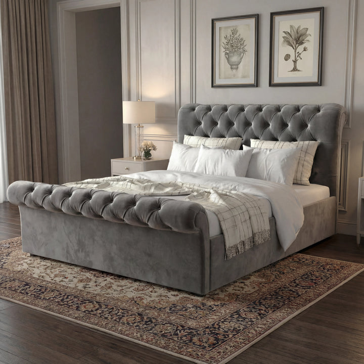 [Double | Dark Grey] Alternative angle of Chesterfield ottoman bed showing scroll headboard and tufted footboard