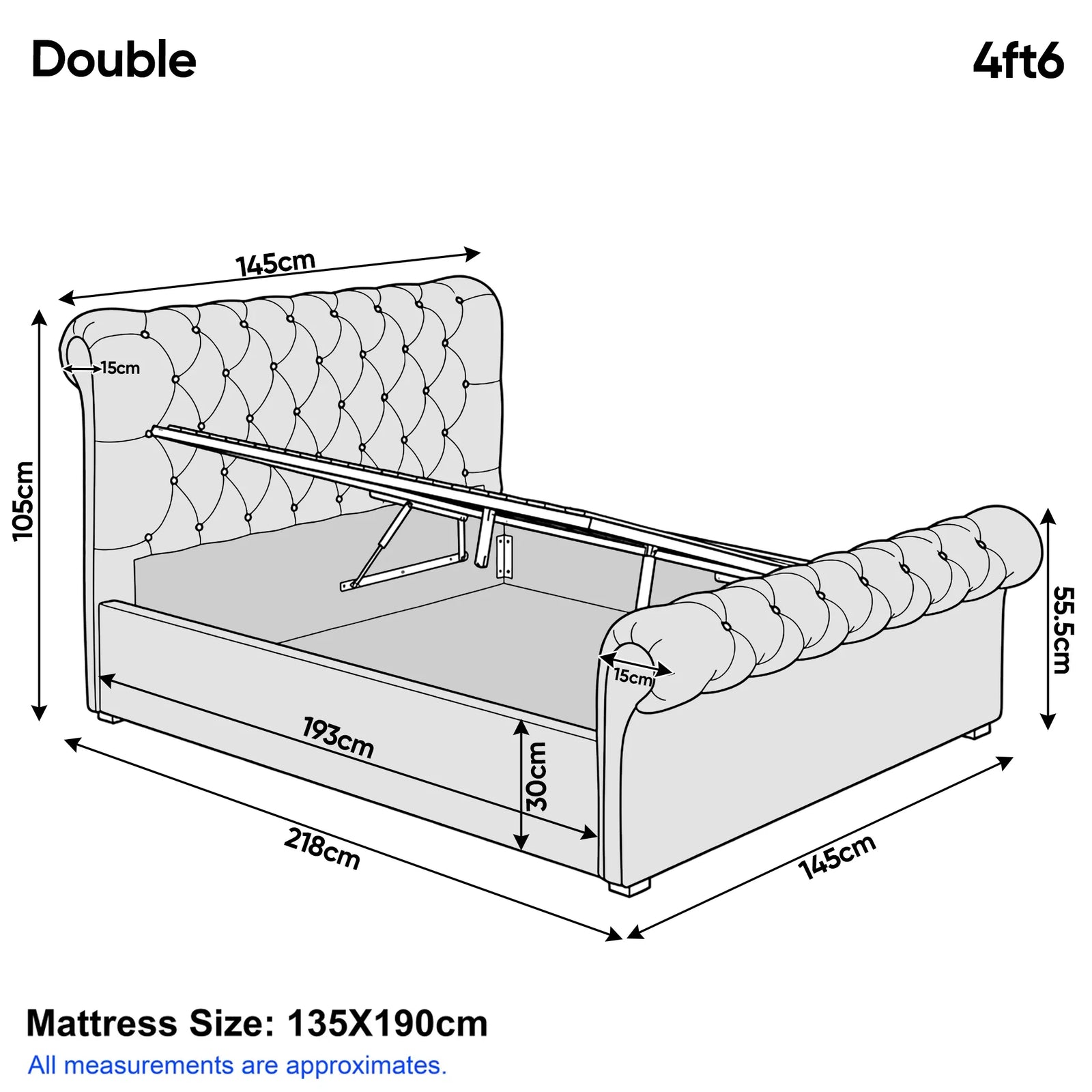 [Double | Dark Grey] Double Chesterfield ottoman bed measurements: 145cm wide, 218cm long, 105cm headboard height