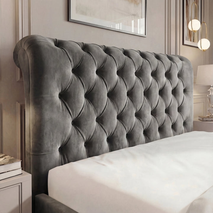 [Double | Dark Grey] Close-up of diamond button-tufted scroll headboard on Chesterfield ottoman bed in velvet