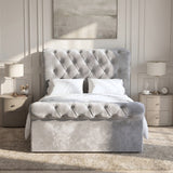 [Small Double | Grey] Grey Chesterfield ottoman bed front elevation with scroll headboard flanked by nightstands