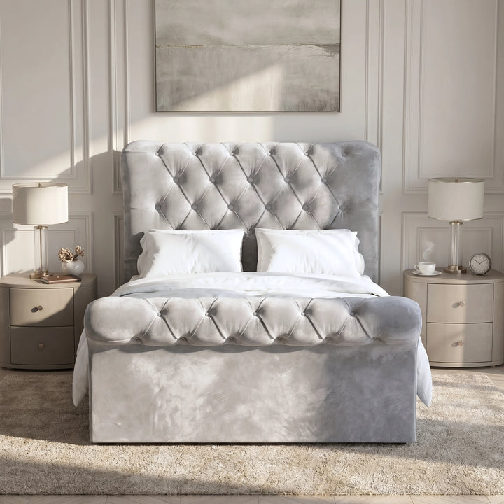 [Small Double | Grey] Grey Chesterfield ottoman bed front elevation with scroll headboard flanked by nightstands