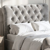 [Small Double | Grey] Close-up diamond button-tufted scroll headboard on grey Chesterfield ottoman bed with bedding