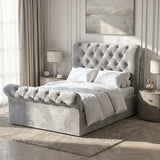 [Small Double | Grey] Tight headboard Chesterfield ottoman bed showing grey velvet button tufting and scroll edge