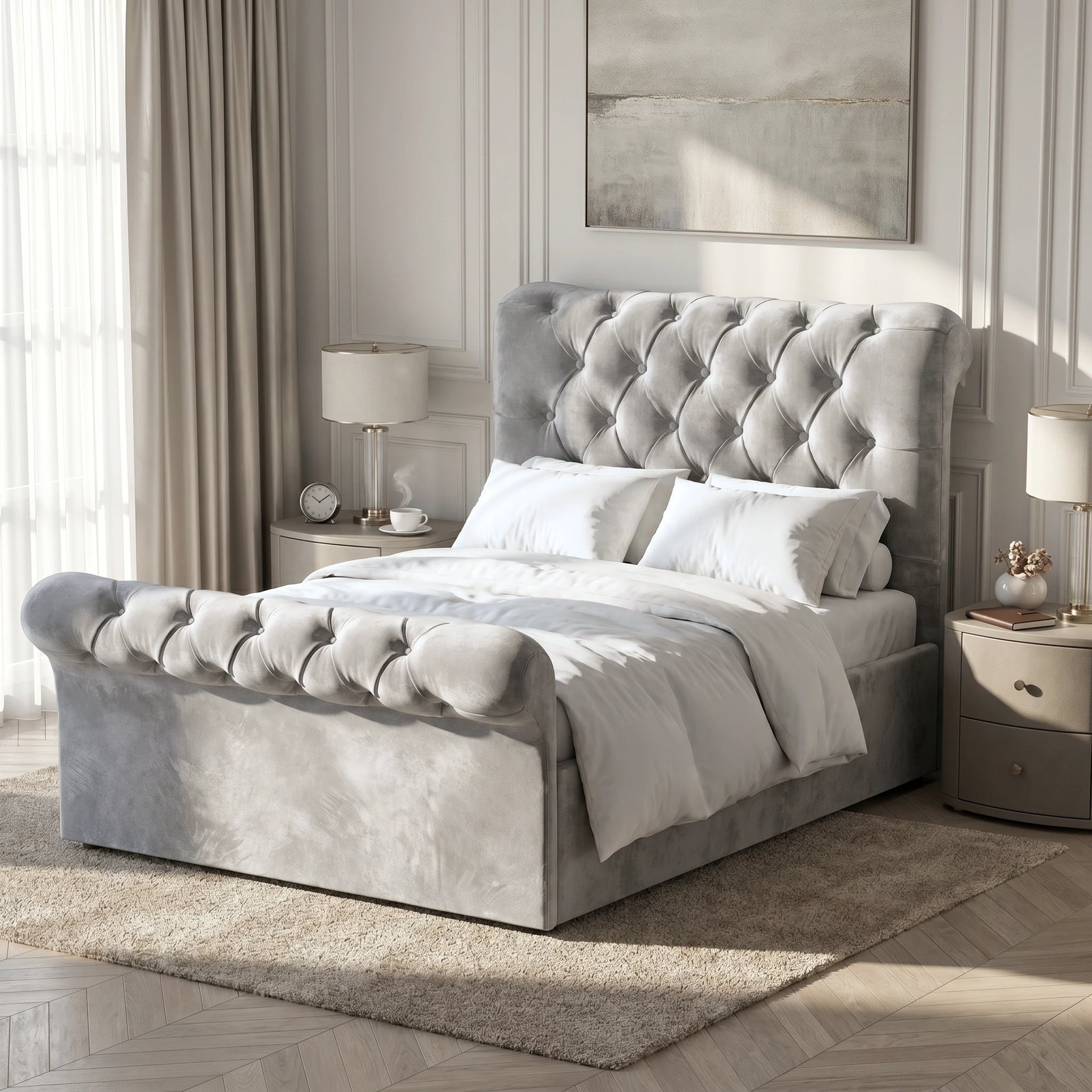 [Small Double | Grey] Tight headboard Chesterfield ottoman bed showing grey velvet button tufting and scroll edge