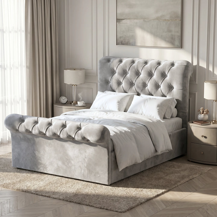 [Small Double | Grey] Tight headboard Chesterfield ottoman bed showing grey velvet button tufting and scroll edge