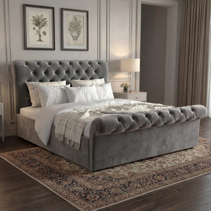 [King | Dark Grey] Chesterfield ottoman bed with scroll headboard and diamond tufting, side angle
