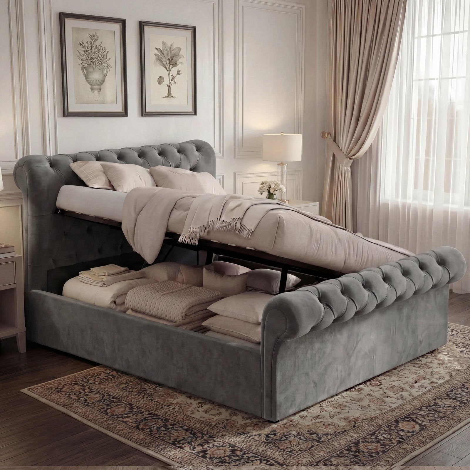 [King | Dark Grey] Chesterfield ottoman bed king open on side-lift gas piston, storage base visible