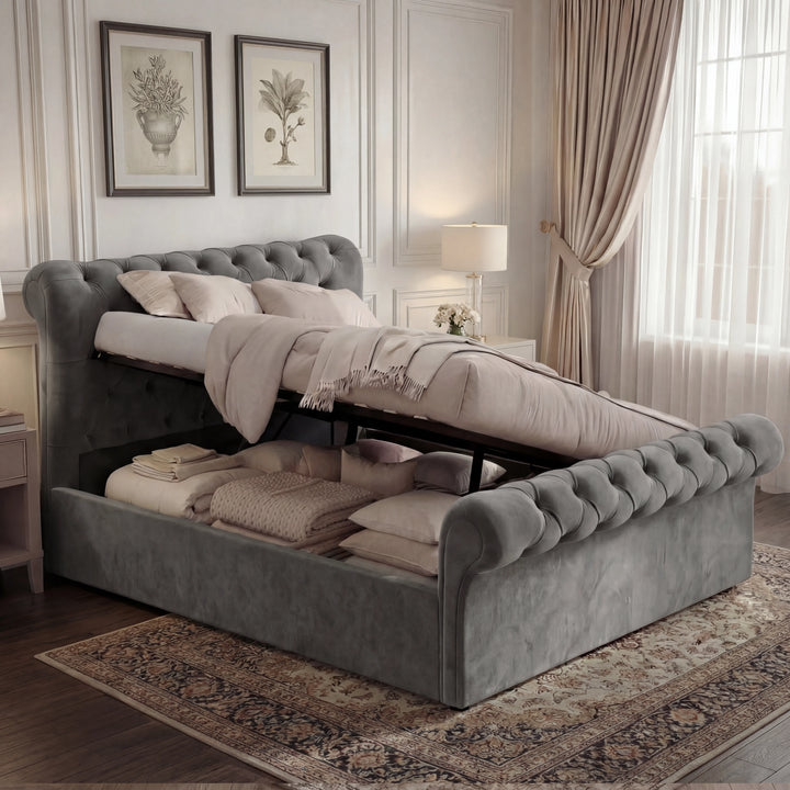 [King | Dark Grey] Chesterfield ottoman bed king open on side-lift gas piston, storage base visible