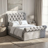[Small Double | Grey] Chesterfield ottoman bed grey velvet with scroll tufted headboard and footboard in styled bedroom