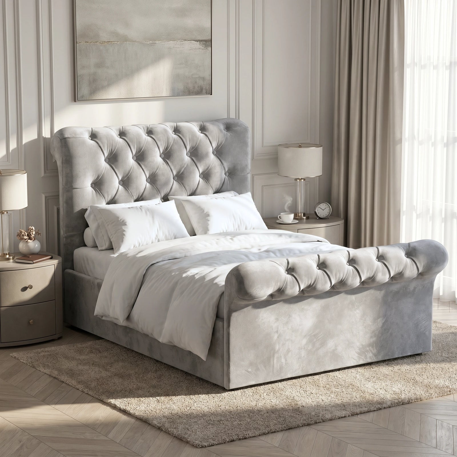 [Small Double | Grey] Chesterfield ottoman bed grey velvet with scroll tufted headboard and footboard in styled bedroom