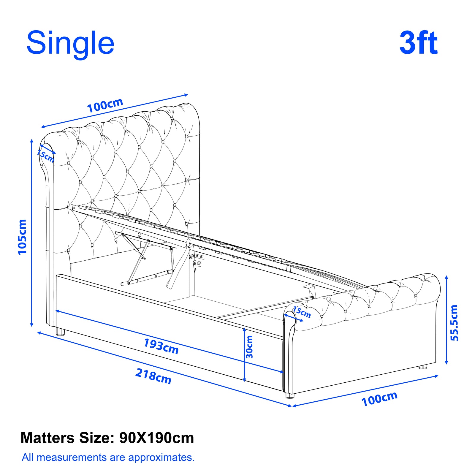 [Single | Dark Grey] Single 3ft Chesterfield ottoman bed diagram, frame 218 x 100 cm, base 30 cm deep, headboard 105 cm tall