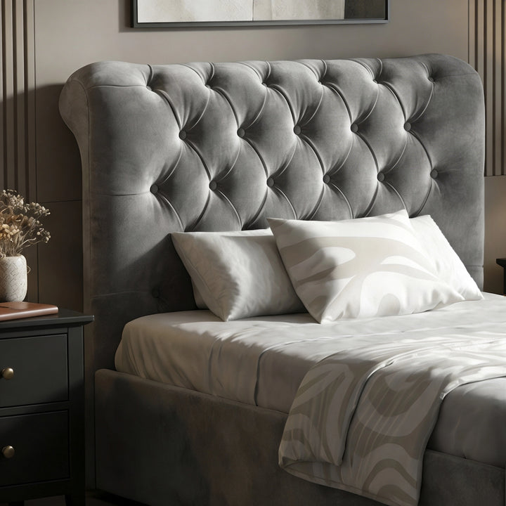 [Single | Dark Grey] Close-up of Chesterfield ottoman bed scroll headboard in velvet with deep diamond button tufting