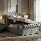 [Single | Dark Grey] Chesterfield ottoman bed with side-lift base tilted up, revealing full-width underbed storage
