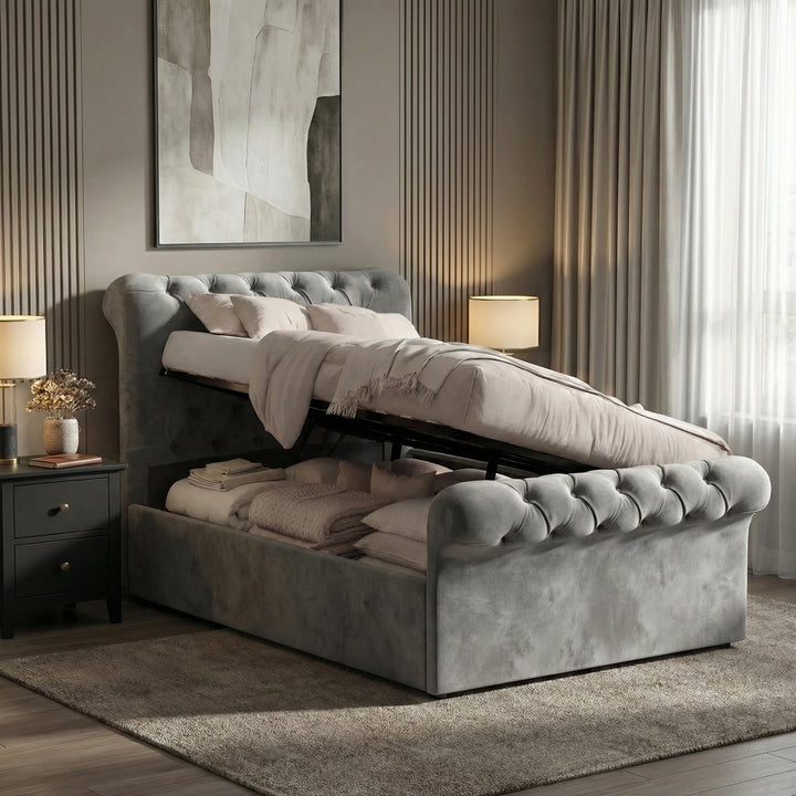 [Single | Dark Grey] Chesterfield ottoman bed with side-lift base tilted up, revealing full-width underbed storage