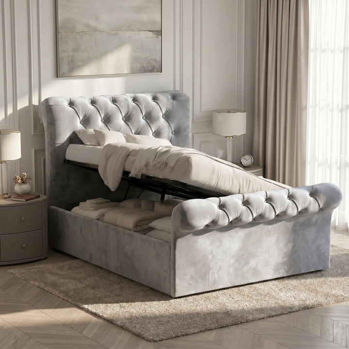 [Small Double | Grey] Chesterfield ottoman bed gas lift base opened showing storage compartment beneath mattress