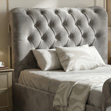 [Single | Grey] Headboard detail shot highlighting chesterfield button tufting pattern across soft upholstery