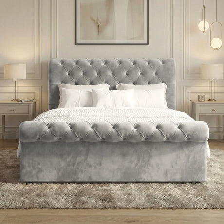 [King | Grey] King Chesterfield ottoman bed symmetrical front with diamond-tufted headboard and wall art