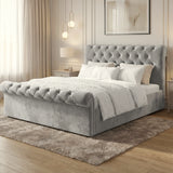 [King | Grey] King Chesterfield ottoman bed headboard upper detail with deep diamond buttoning grey velvet